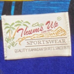 Thum's Up Hawaiian Shirt, XL Rayon Dark Blue With Palm Trees Beach Scene